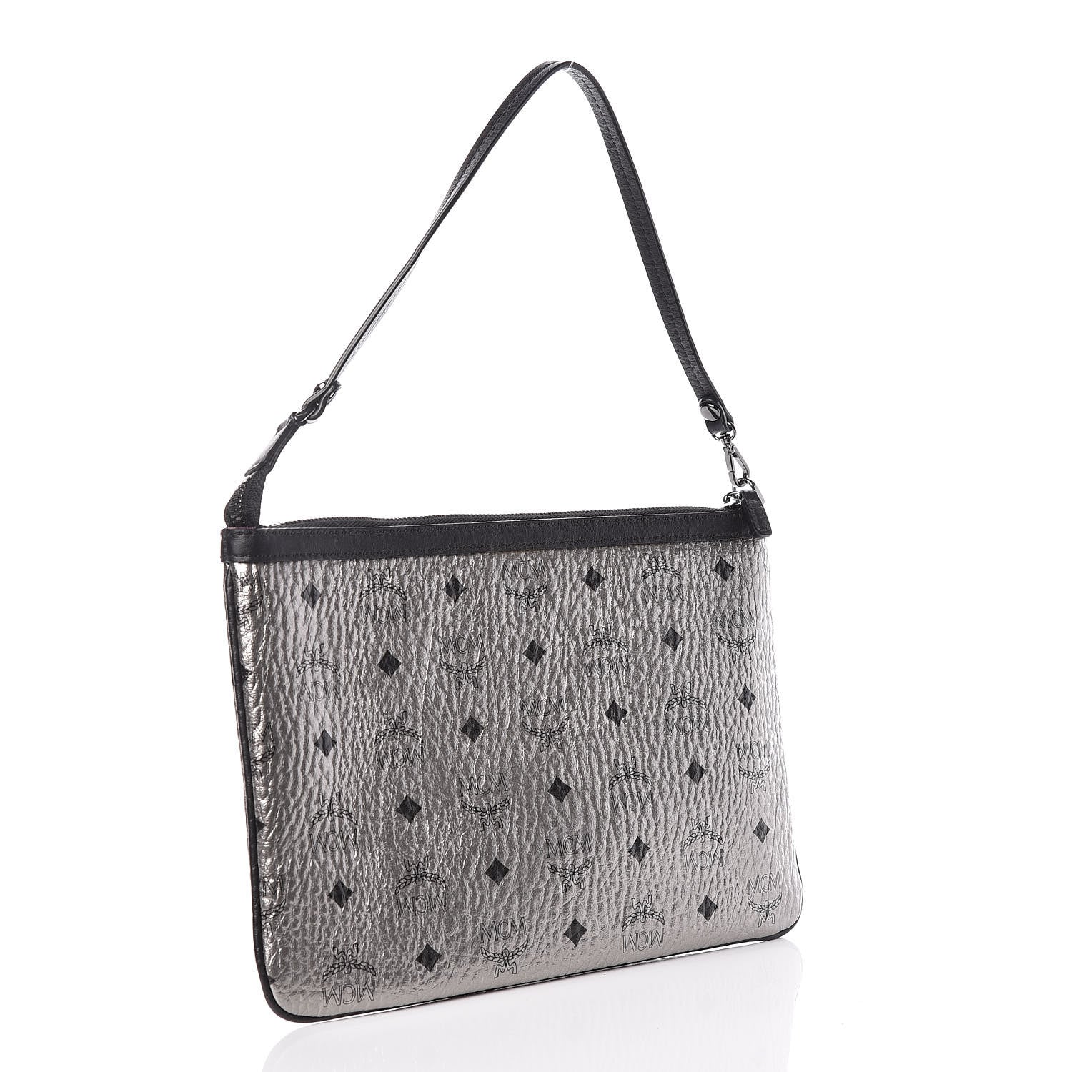 MCM Metallic Visetos Liz Shopper Tote Pouch Silver Black 3 of 10