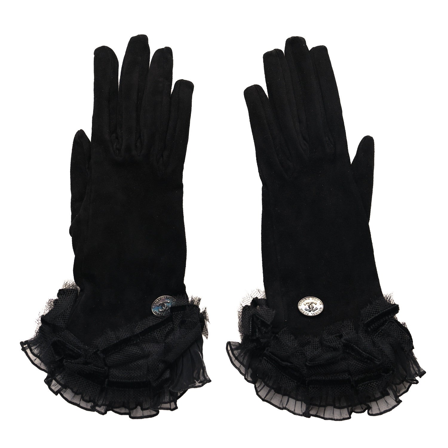 Chanel Suede Lace CC Gloves 7.5 Black 1 of 4