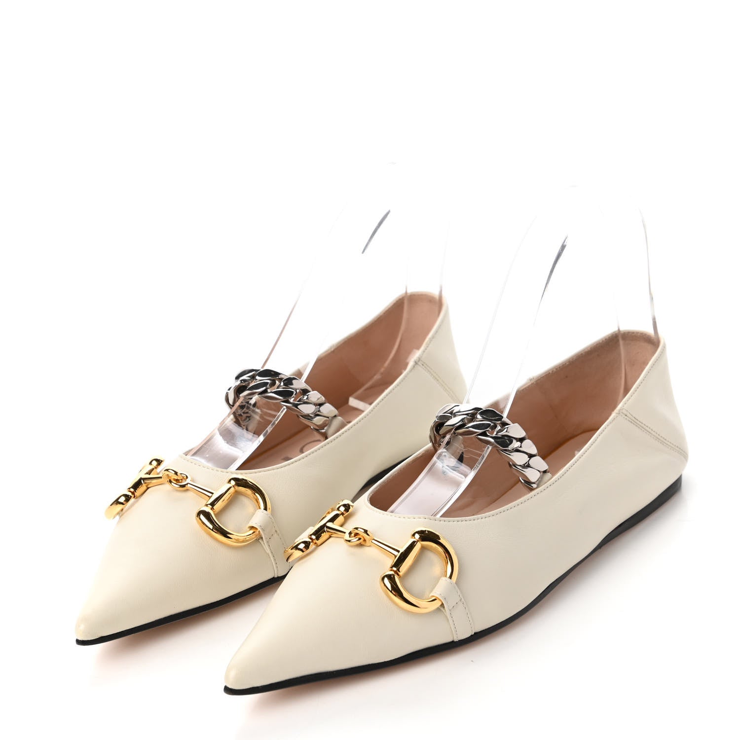 Gucci Nappa Lumiere Deva Horsebit Chain Embellished Flats 38.5 Dusty White 3 of 9