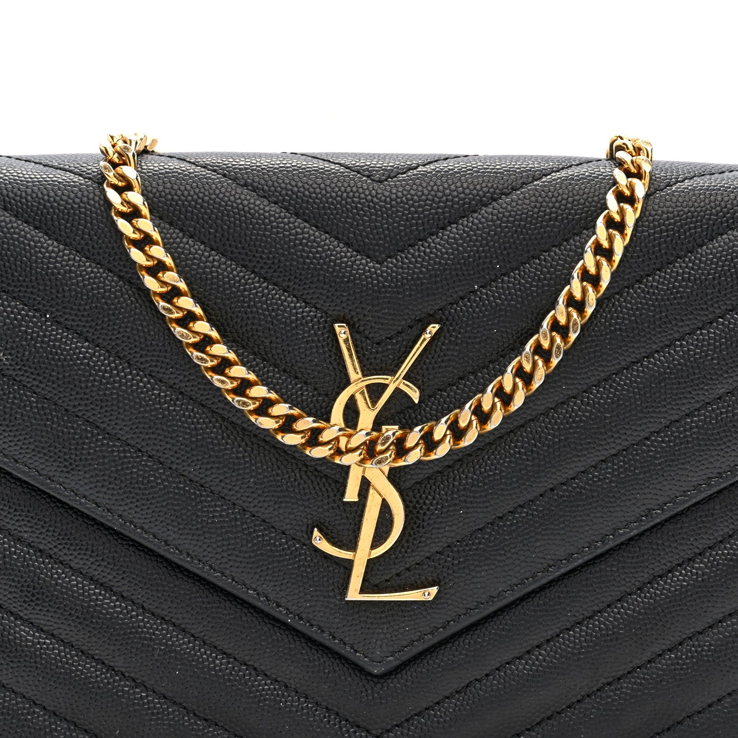 Saint Laurent Grain De Poudre Matelasse Chevron Monogram Chain Wallet Black 7 of 9