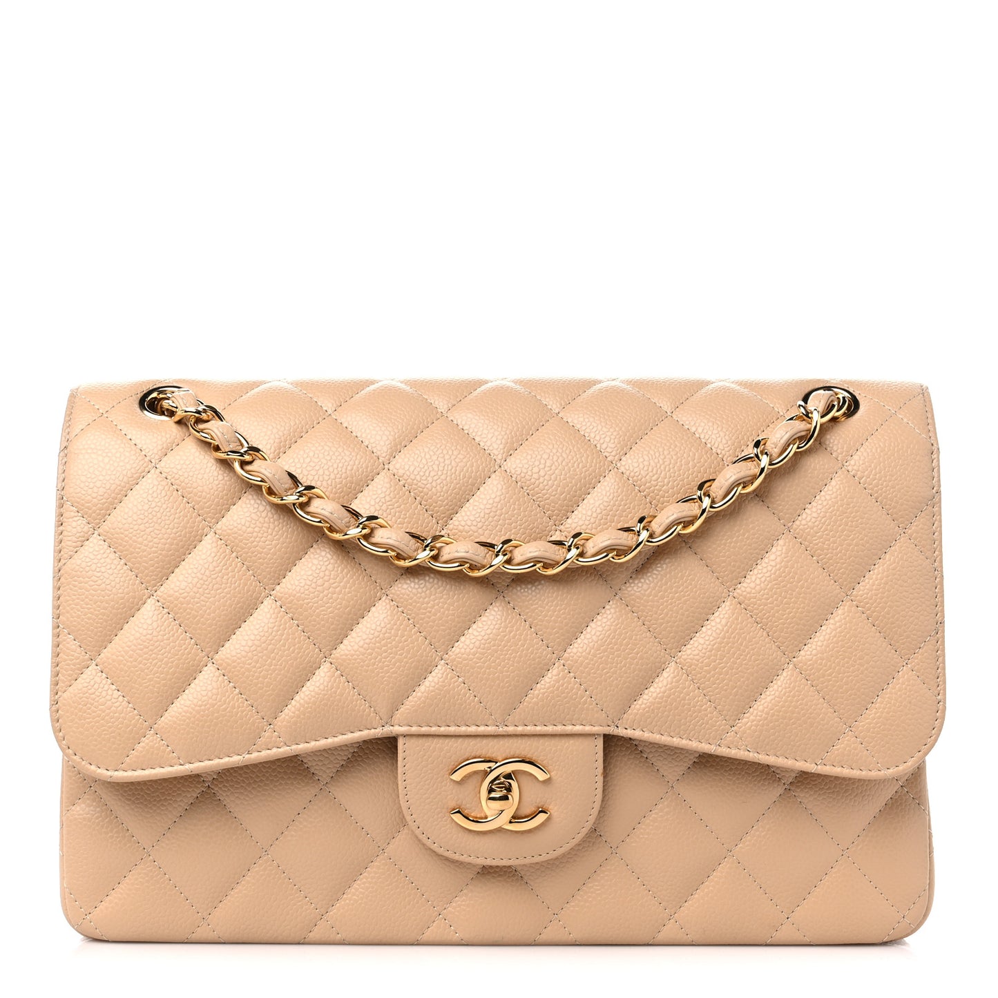 Caviar Quilted Jumbo Double Flap Beige