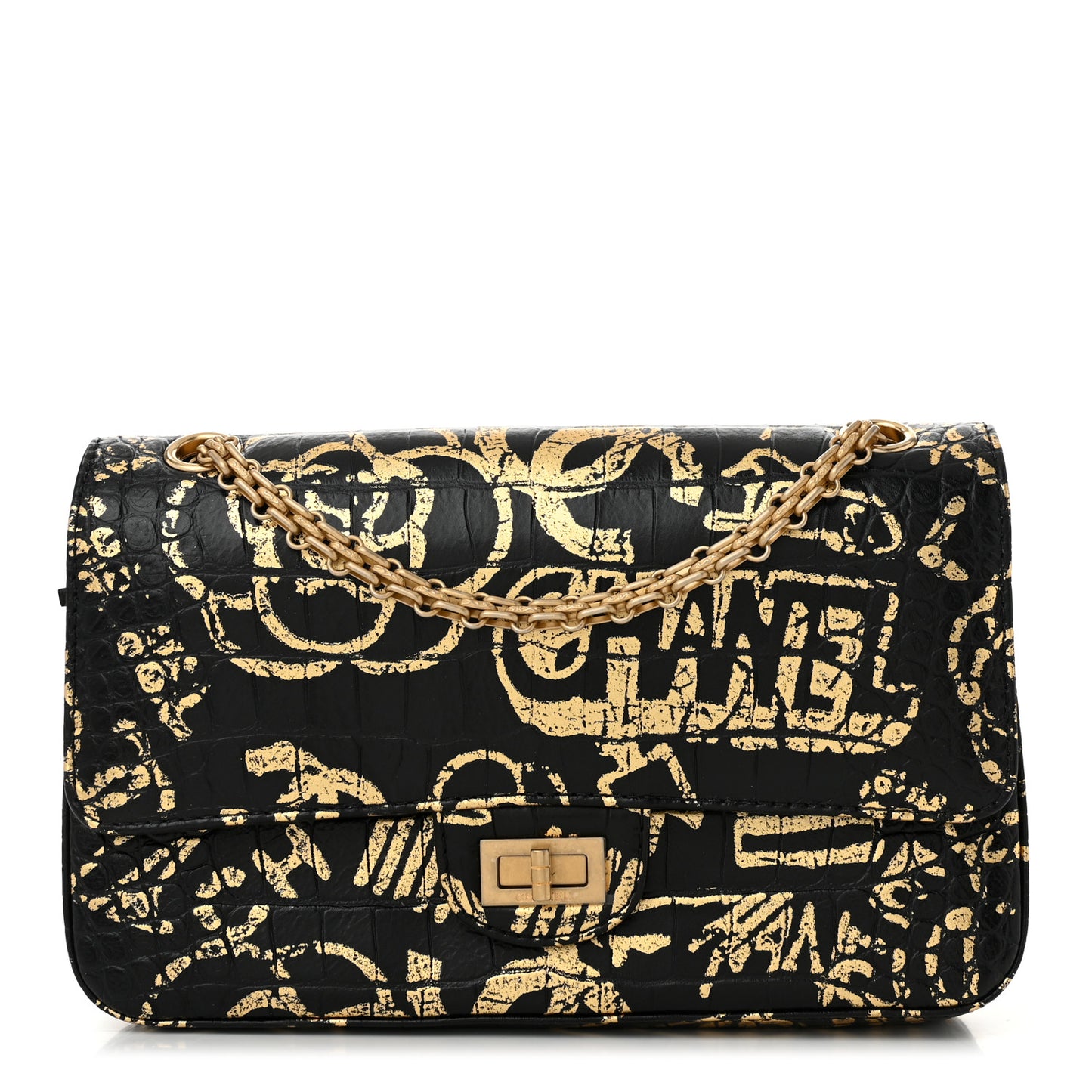Calfskin Crocodile Embossed Graffiti 2.55 Cocodile Reissue 225 Flap Black Gold