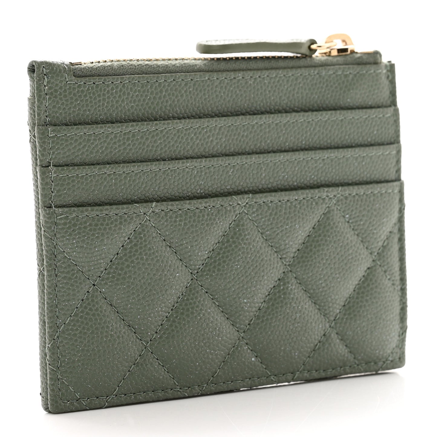 Iridescent Caviar Quilted CC Zip Card Holder Green
