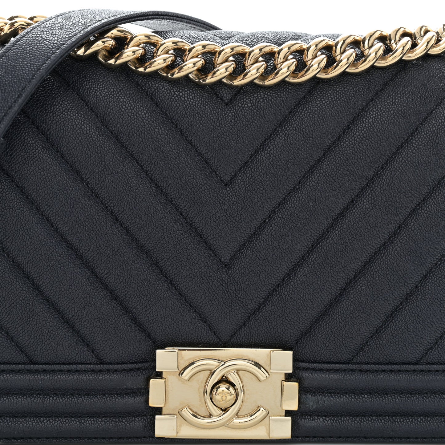 Caviar Chevron Quilted Medium Boy Flap Dark Navy Blue