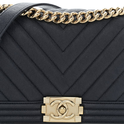 Chanel Caviar Chevron Quilted Medium Boy Flap Dark Navy Blue 8 of 10