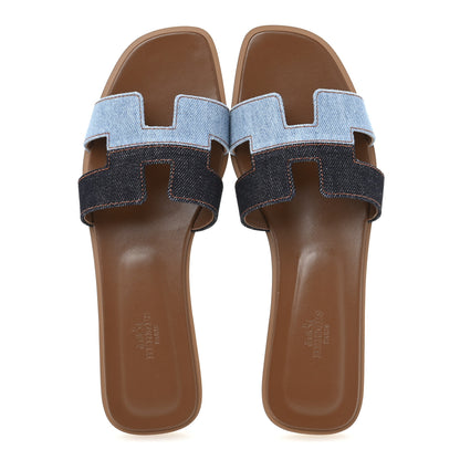 Hermes Denim Canvas Oran Sandals 39.5 Bleu Brut Bleu Clair 2 of 10