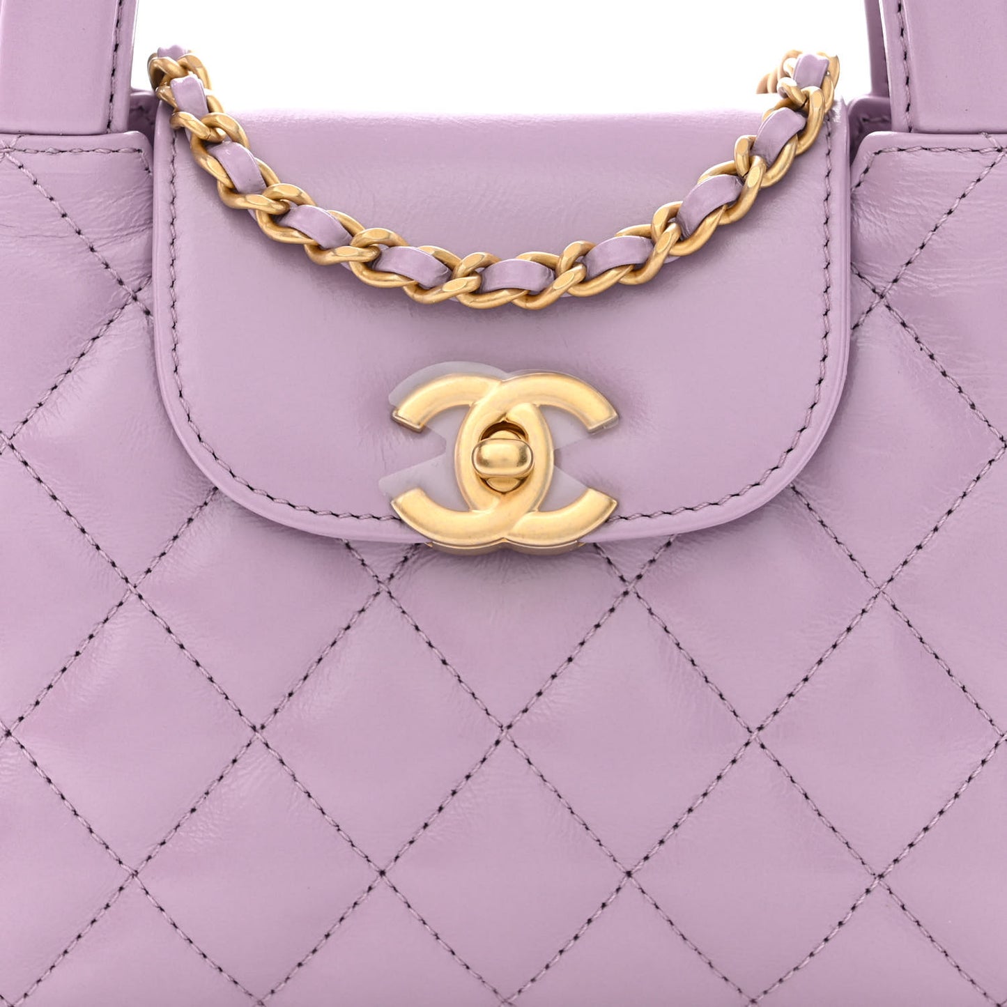 Shiny Aged Calfskin Quilted Nano Kelly Shopper Lilac