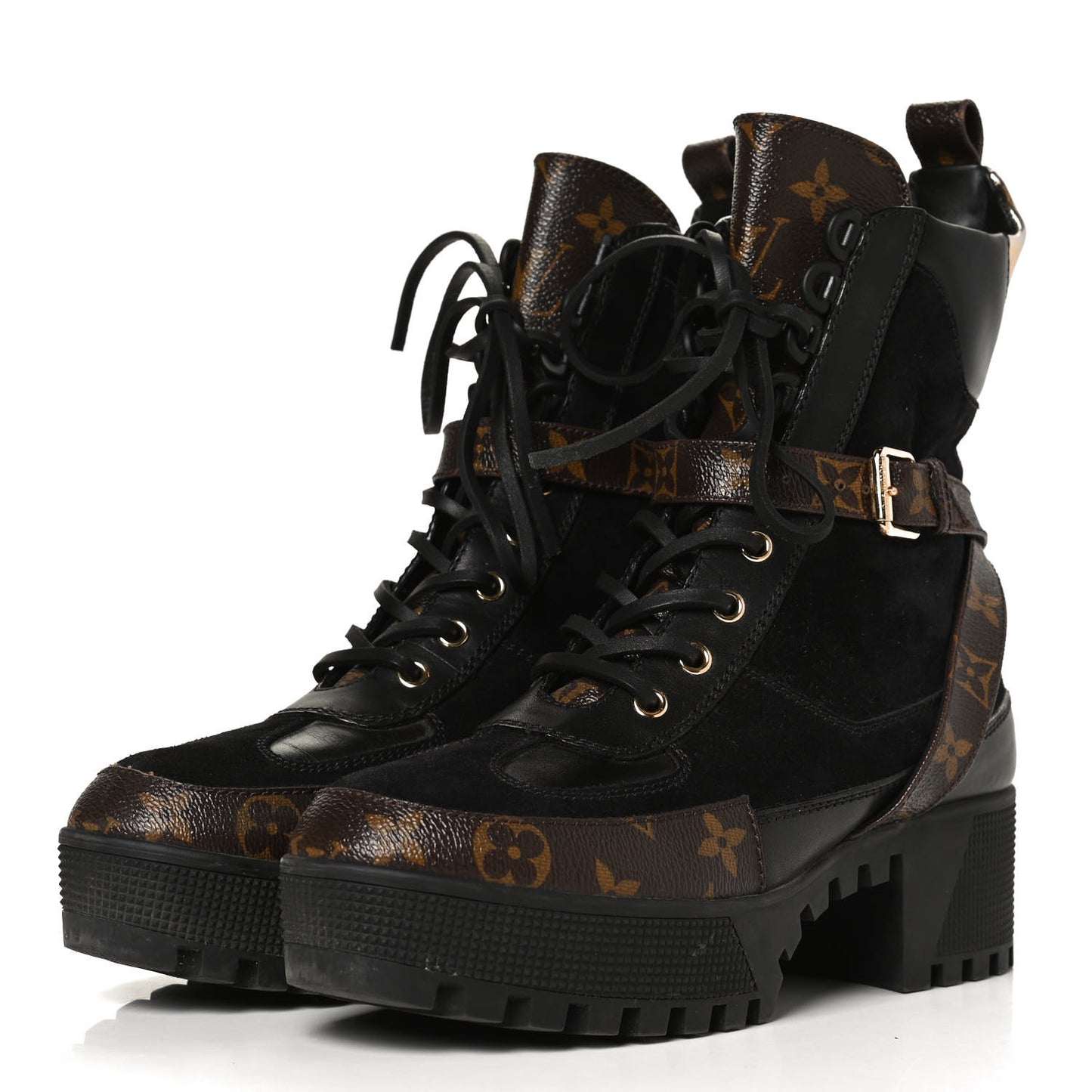 Suede Calfskin Monogram Laureate Platform Desert Boots 38.5 Black