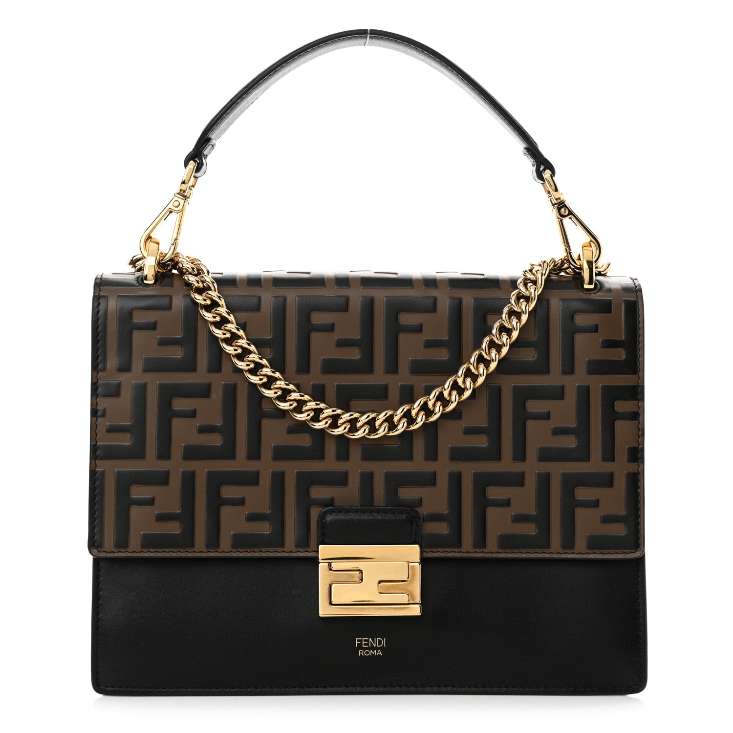 Fendi Vitello Liberty Bi-Color FF 1974 Embossed Chain Strap Kan U Shoulder Bag Black Maya 1 of 12