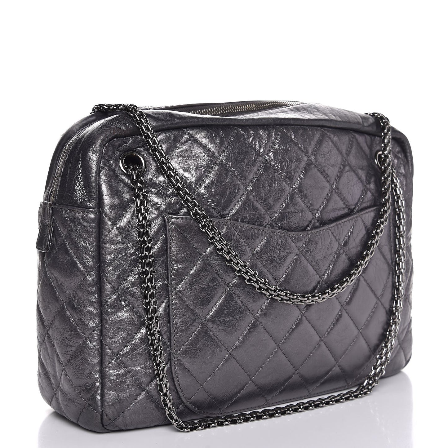 Metallic Aged Calfskin Quilted Large Reissue Camera Case Silver
