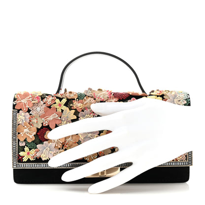 Valentino Garavani Velvet Crystal Flower Embellished Top Handle Clutch Black Multicolor 2 of 11