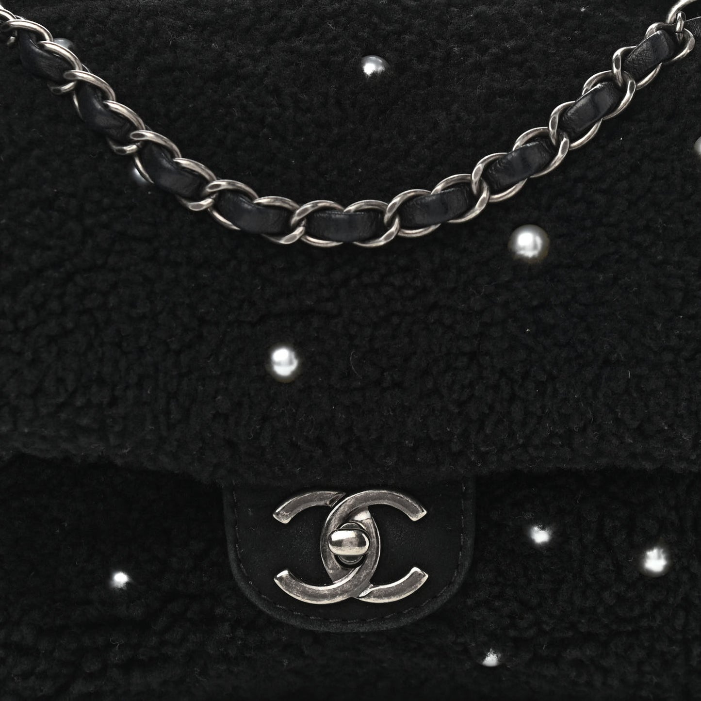 Shearling Lambskin Pearl Flap Black
