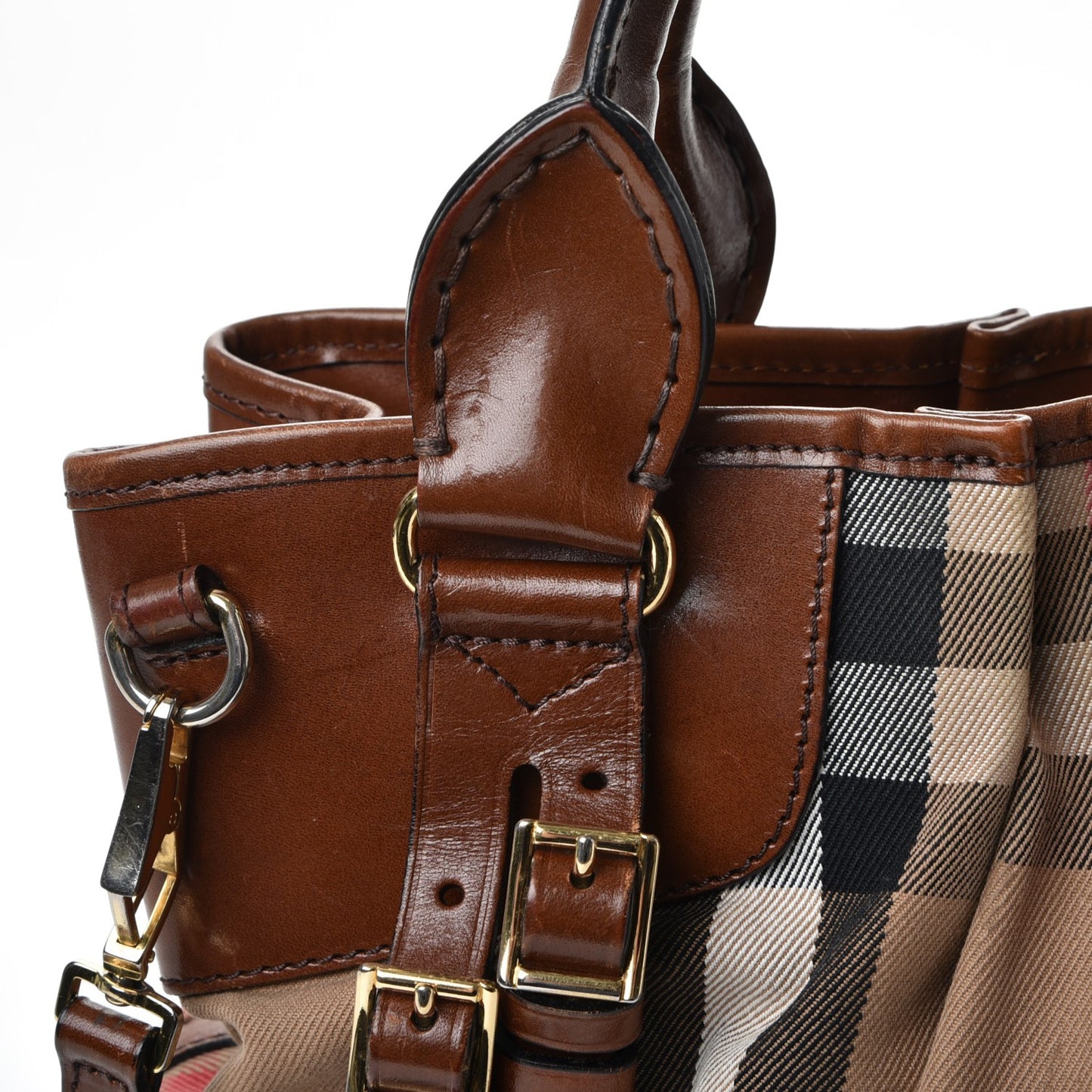 House Check Bridle Calfskin Small Whipstitch Tote Dark Tan