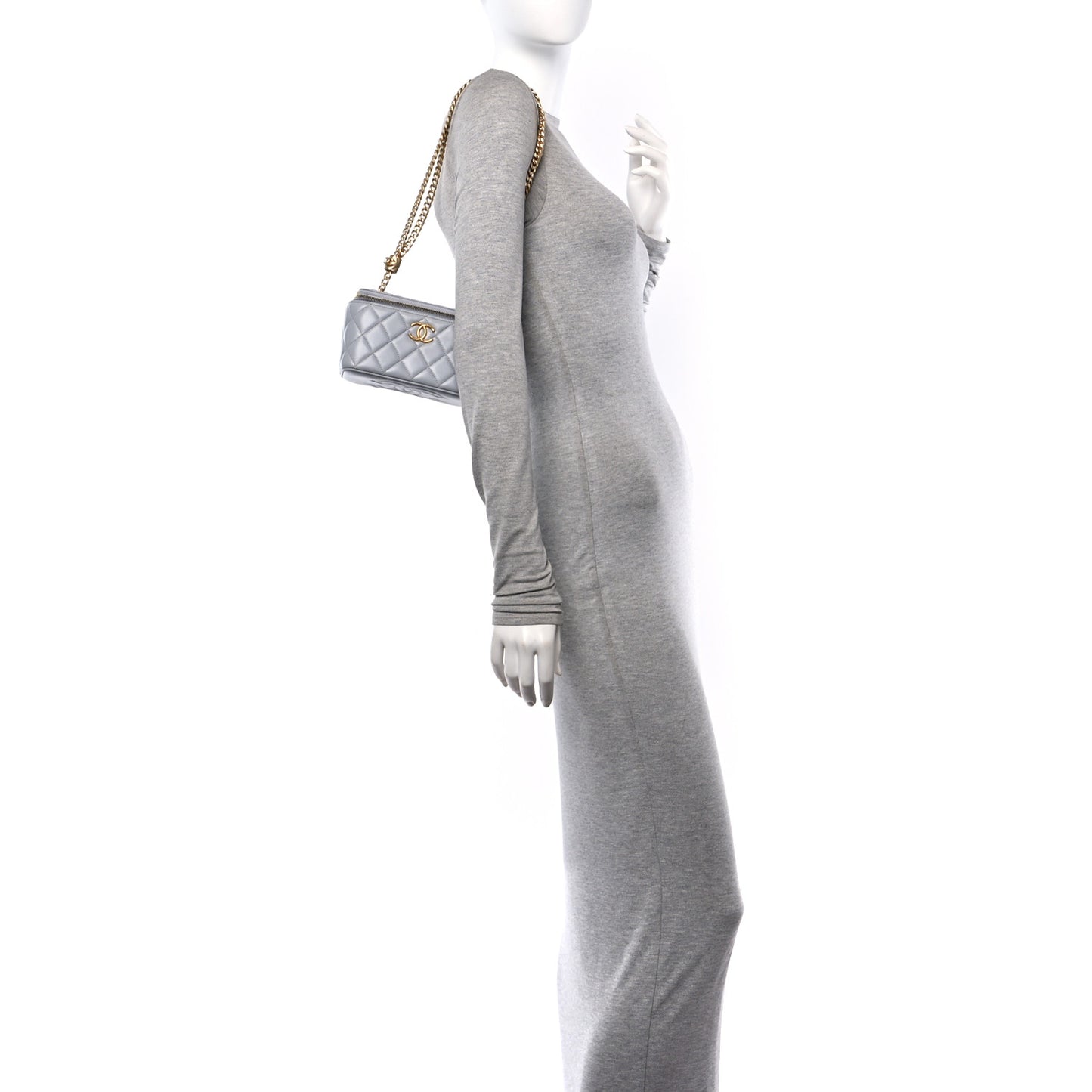 Lambskin Quilted Small Pillow Crush Vanity Case With Chain  Grey