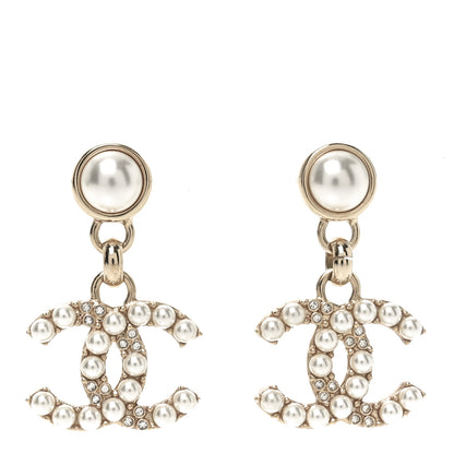 Chanel Pearl Crystal CC Drop Earrings Gold 1 of 4