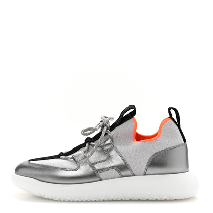 Hermes Knit Metallic Calfskin Womens Duel Sneakers 38 Argent Orange Black 1 of 11