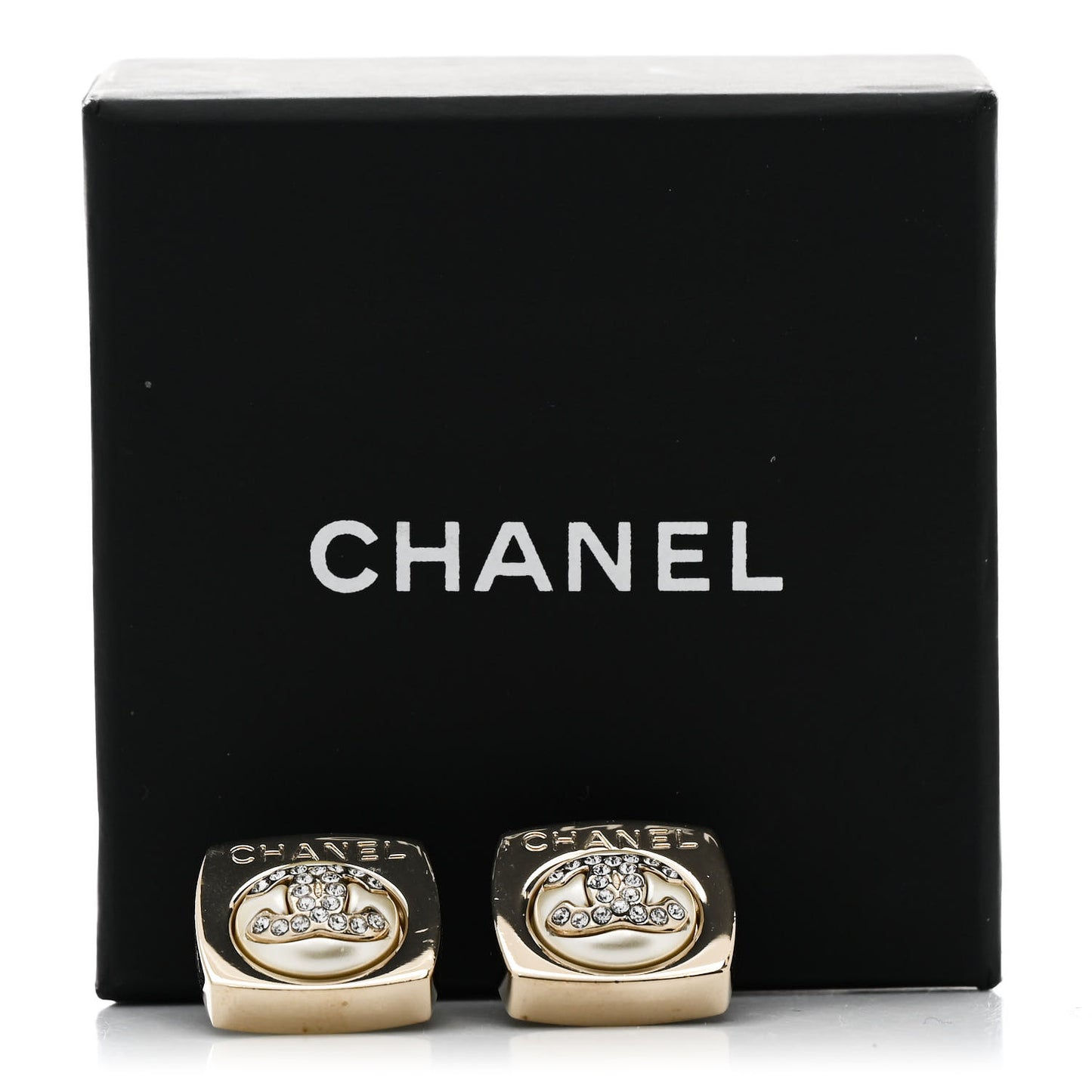 Metal Pearl Crystal CC Logo Square Earrings Gold Pearly White