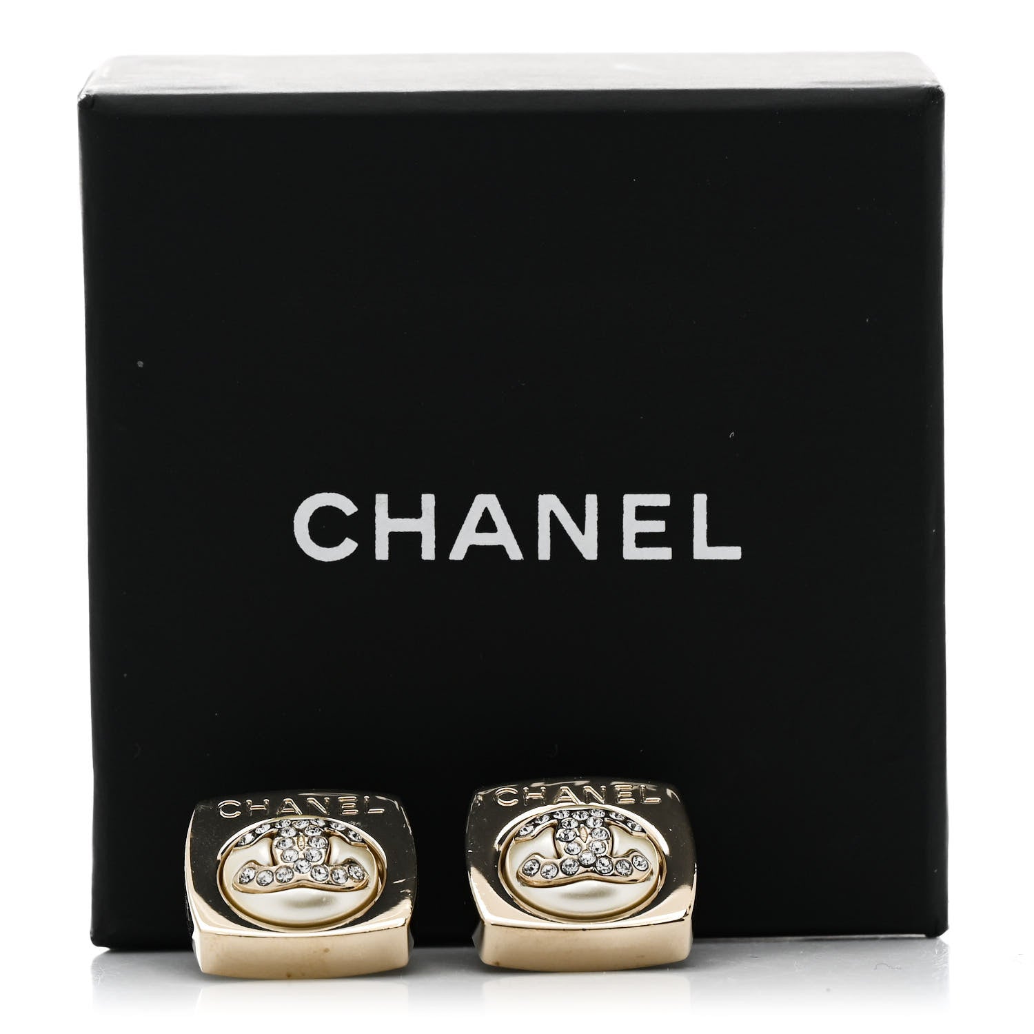Chanel Metal Pearl Crystal CC Logo Square Earrings Gold Pearly White 7 of 7