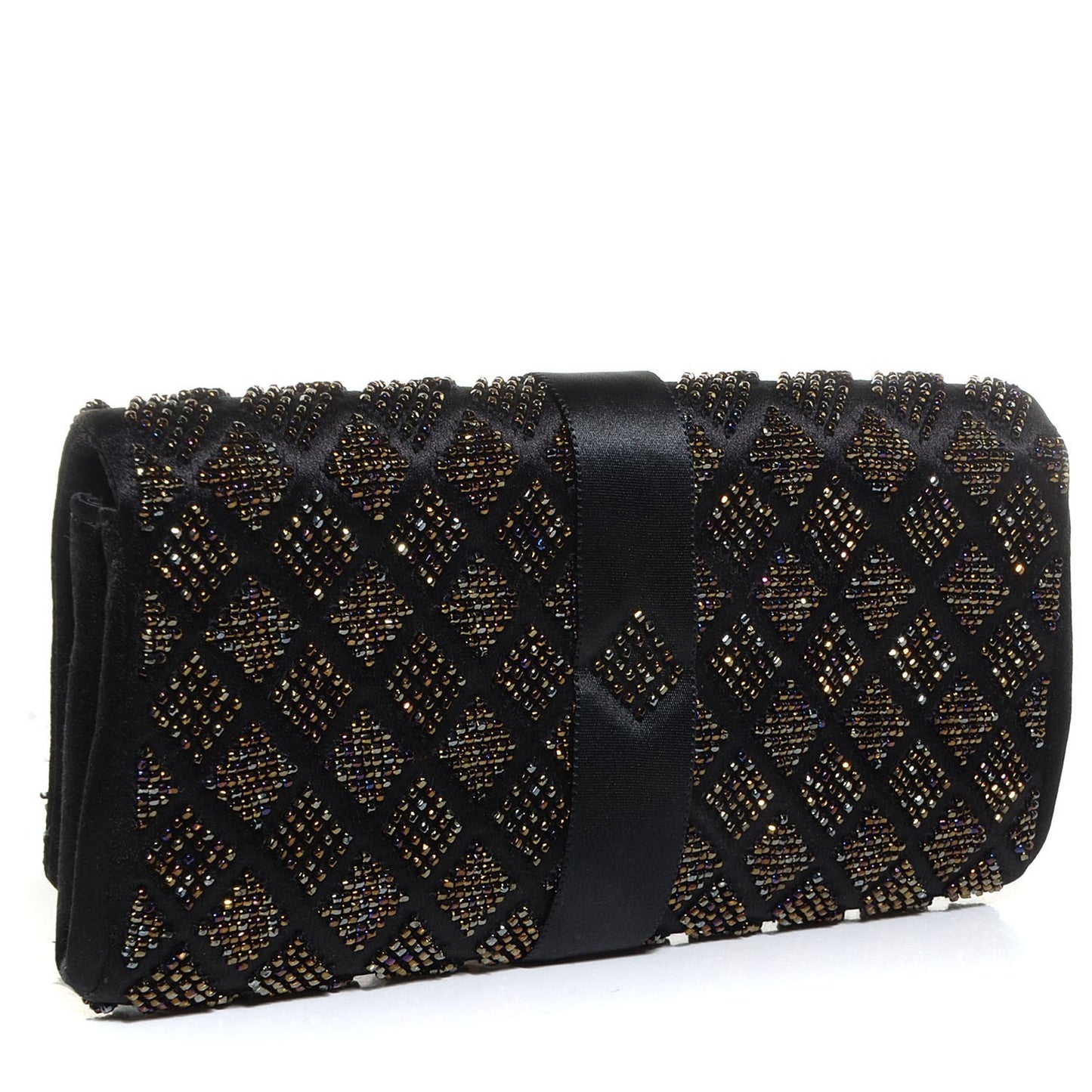 Satin Beaded Ribbon Bow Clutch Black