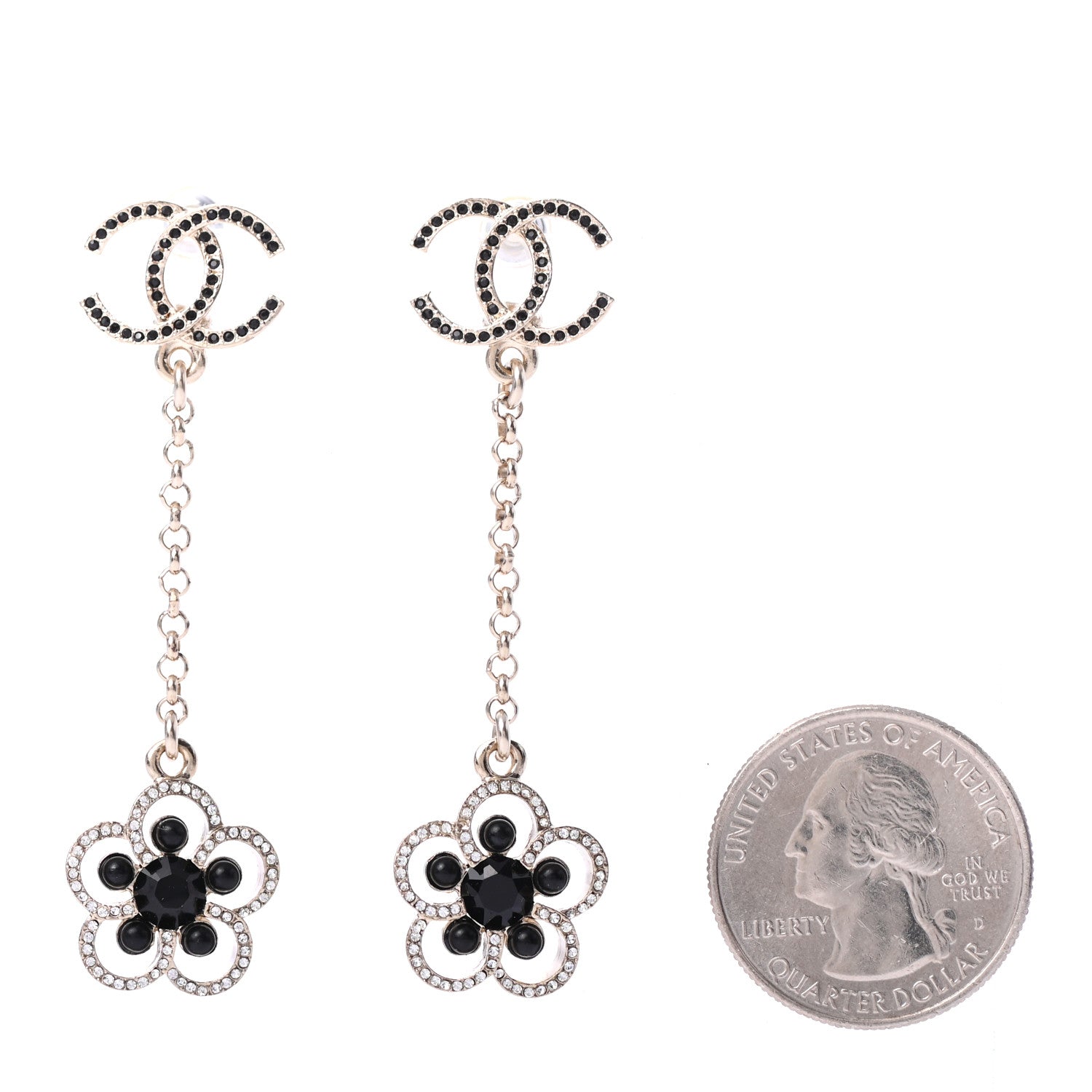 Chanel Crystal CC Camellia Drop Earrings Black Gold 2 of 4