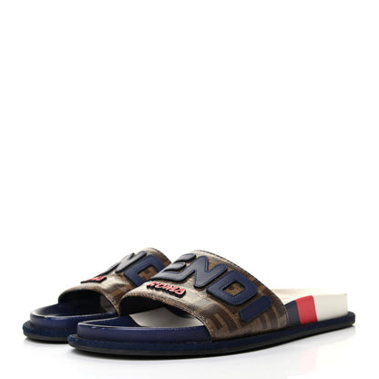 Fendi X FILA Glazed Fabric Calfskin FF 1974 Mania Slide Sandals 38 Mogano Panna Blueberry Caipiroska 3 of 18