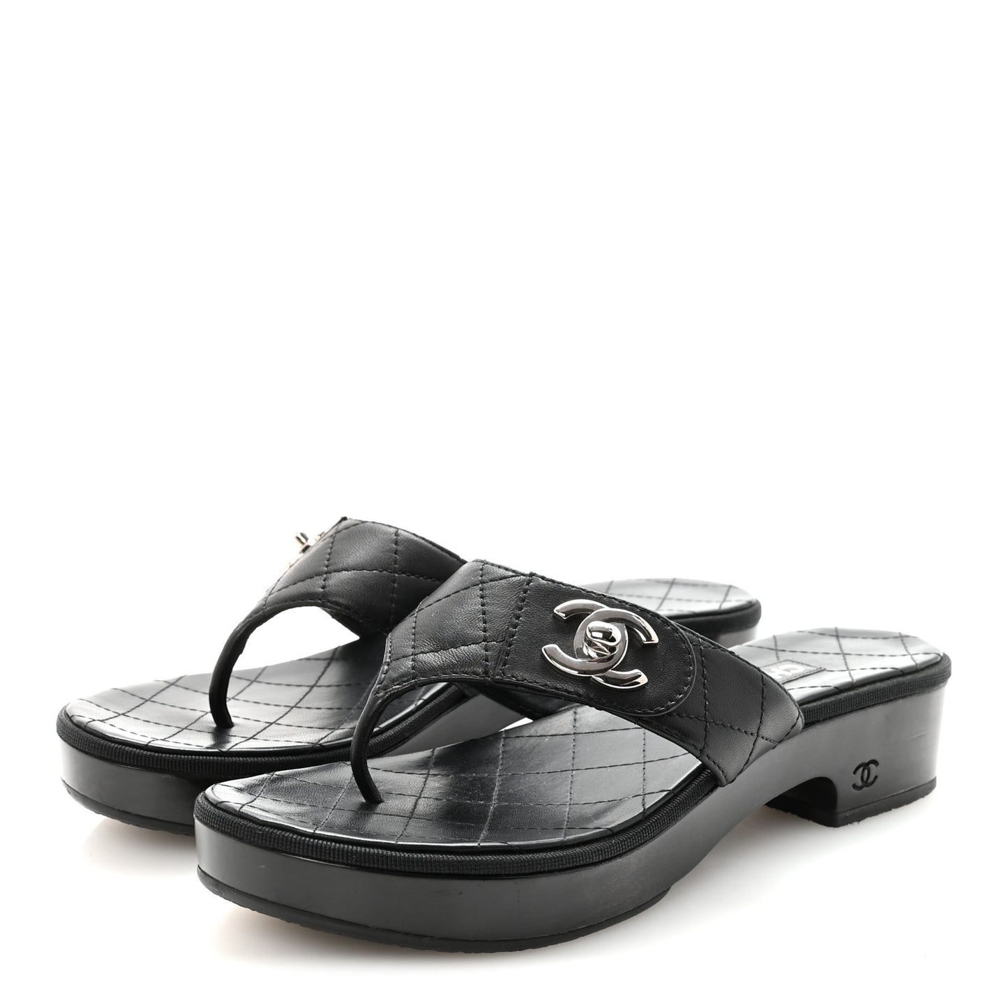 Lambskin Quilted Turnlock CC Platform Thong Sandals 39 Black