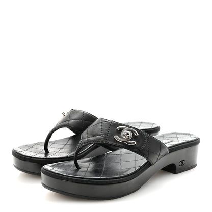 Chanel Lambskin Quilted Turnlock CC Platform Thong Sandals 39 Black 4 of 8