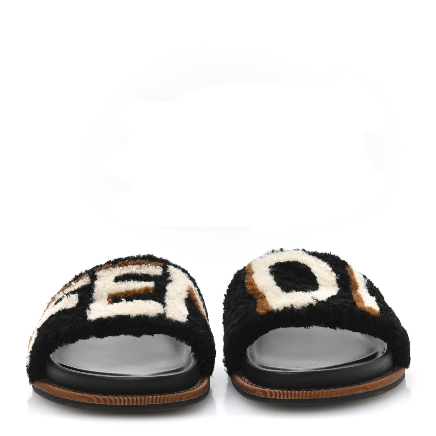 Fendi Shearling Logo Slide Sandals 38 Black Latte Brownie 3 of 8