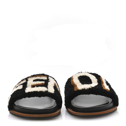 Fendi Shearling Logo Slide Sandals 38 Black Latte Brownie 3 of 8