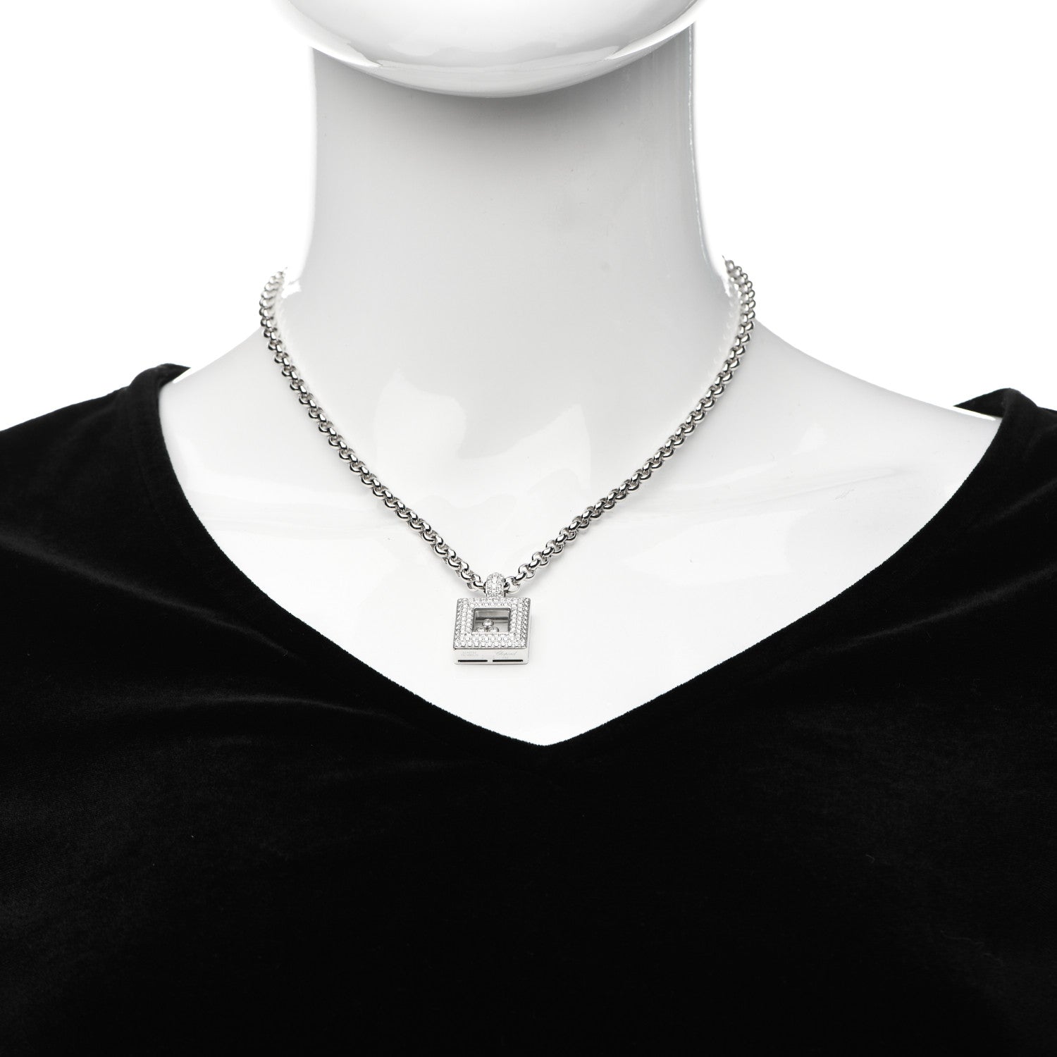 Chopard 18K White Gold Diamond Happy Diamonds Square Pendant Necklace 2 of 4