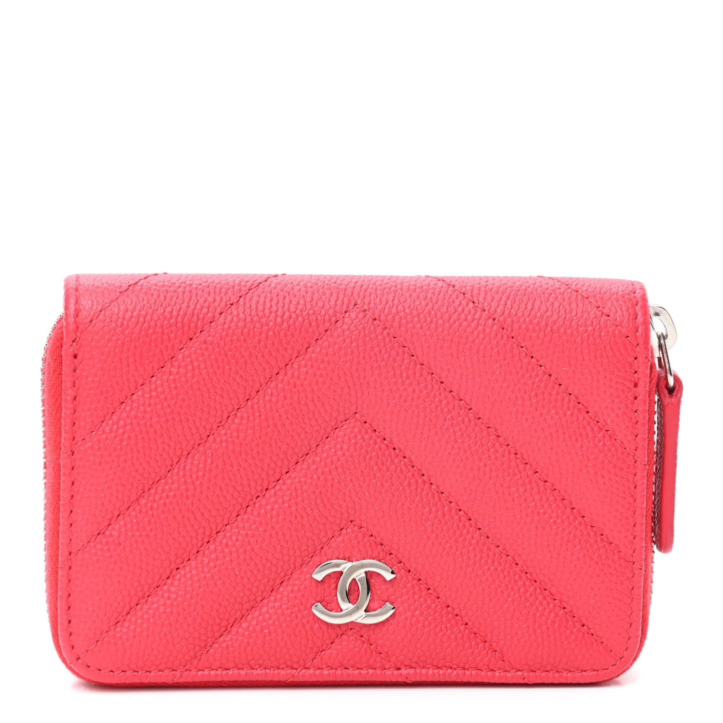 Caviar Chevron Quilted Zip Coin Purse Light Red