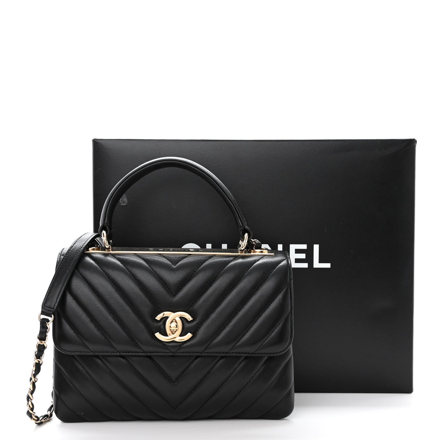 Lambskin Chevron Quilted Small Trendy CC Dual Handle Flap Bag Black