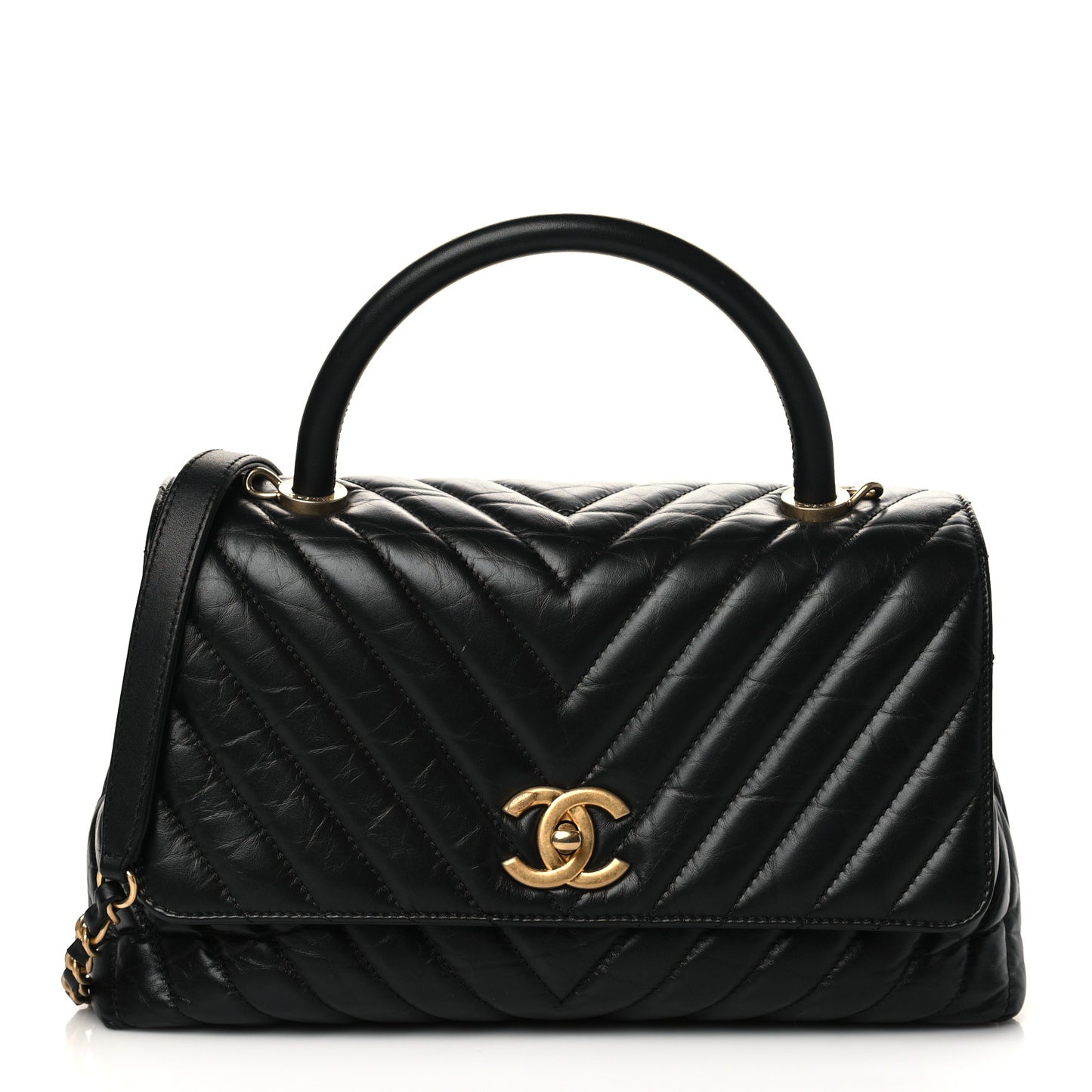Aged Calfskin Chevron Quilted Small Coco Handle Flap Black