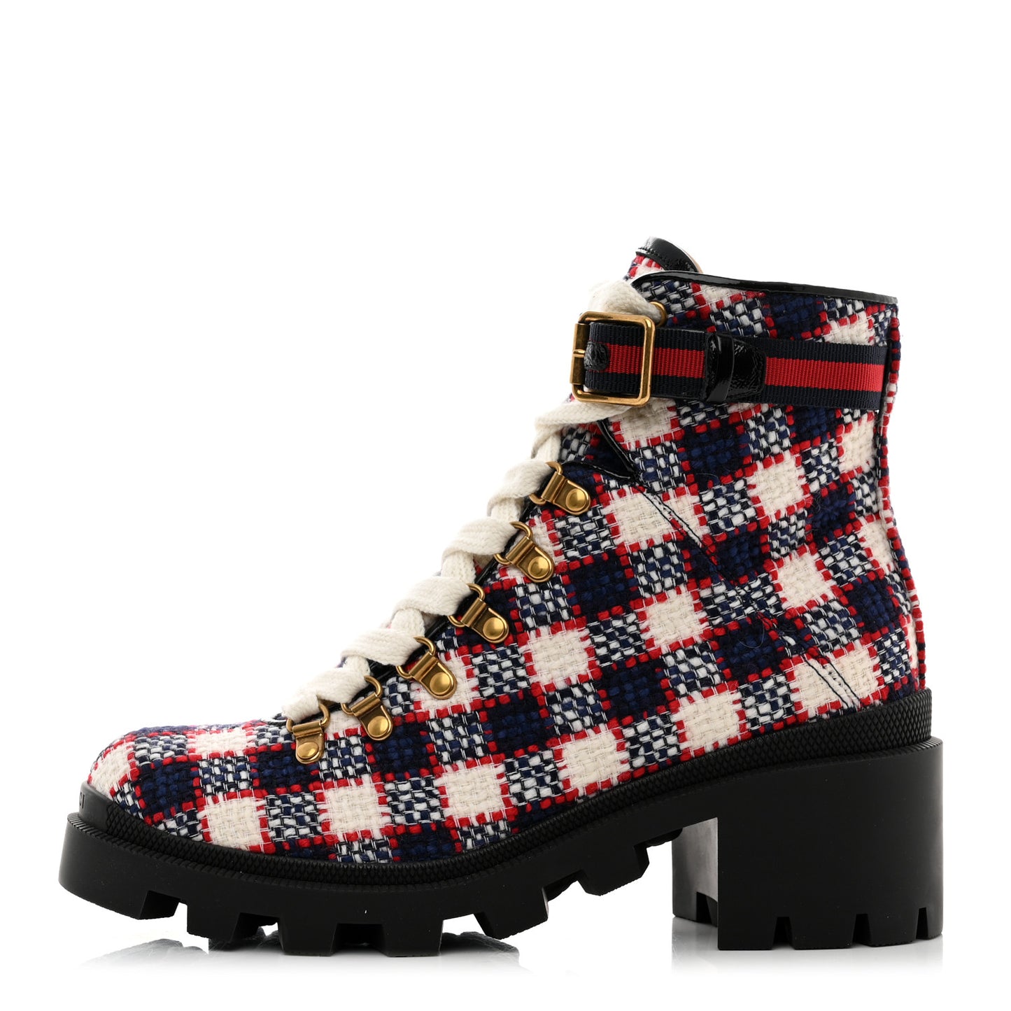 Vintage Tweed Check Lace Up Combat Ankle Boots 39 White Hibiscus Red Marine