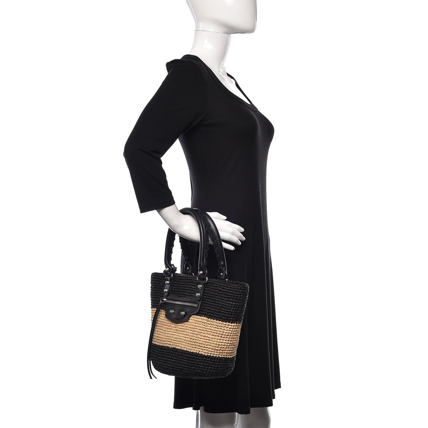 Raffia Bi-Color Panier Basket Tote Natural Black