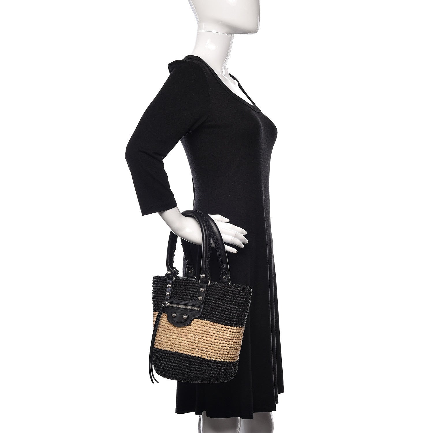 Balenciaga Raffia Bi-Color Panier Basket Tote Natural Black 2 of 10
