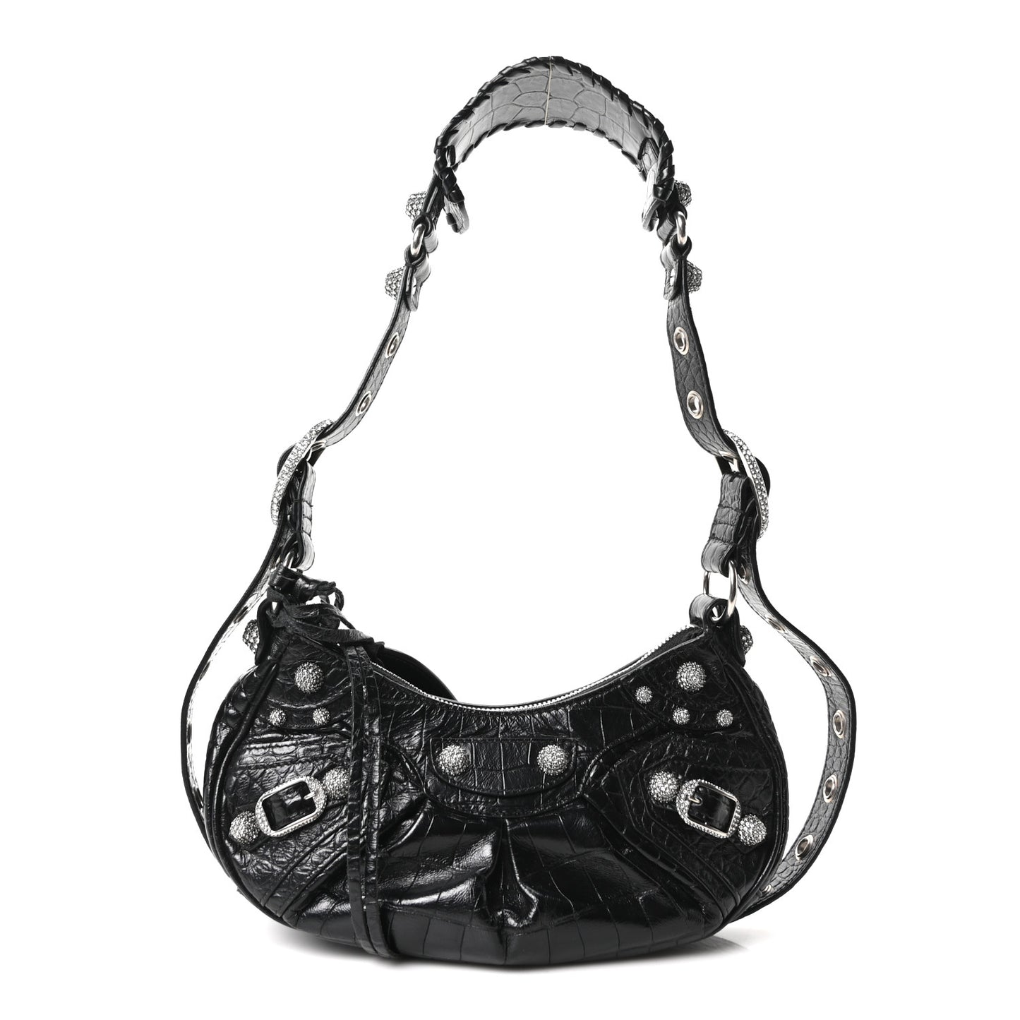 Extra Supple Calfskin Crystal Crocodile Embossed Le Cagole Shoulder Bag XS Black