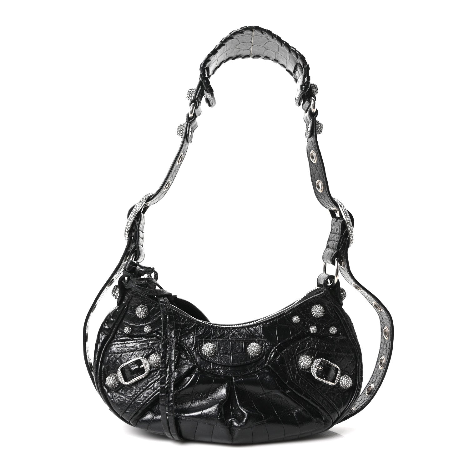 Balenciaga Extra Supple Calfskin Crystal Crocodile Embossed Le Cagole Shoulder Bag XS Black 1 of 11