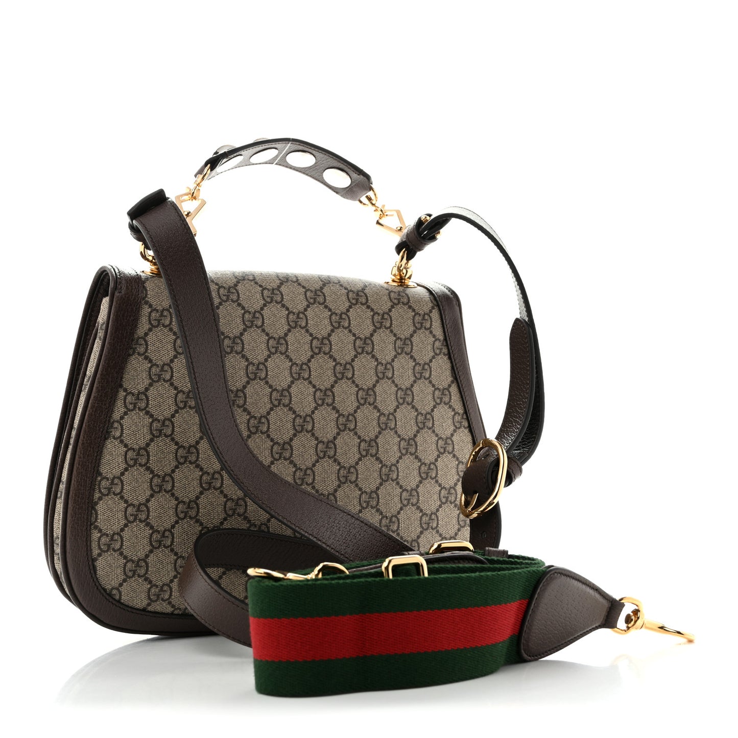 GG Supreme Monogram Textured Dollar Calfskin Web Medium Blondie Top Handle Shoulder Flap Bag Beige Ebony New Acero