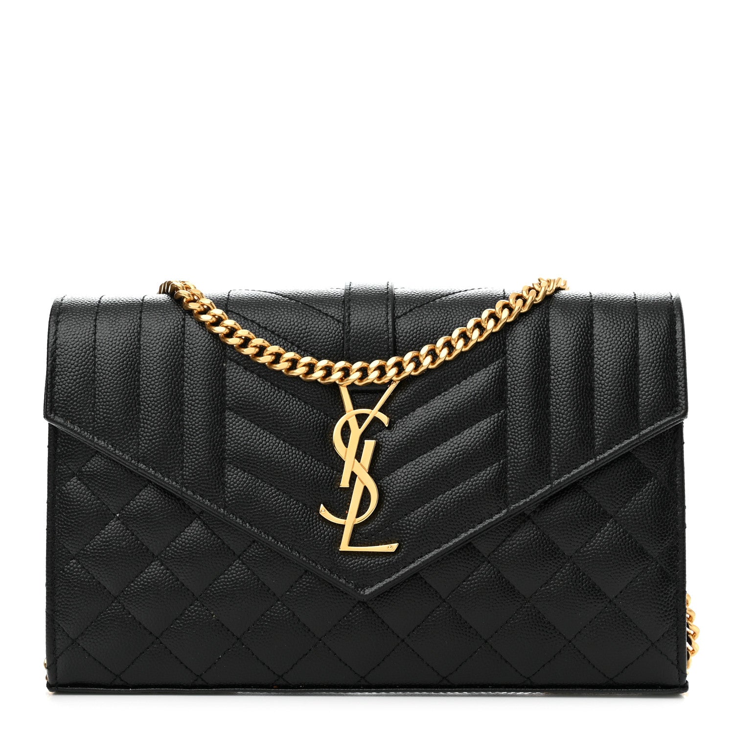 Saint Laurent Grain De Poudre Mixed Matelasse Triquilt Monogram Chain Wallet Black 1 of 9