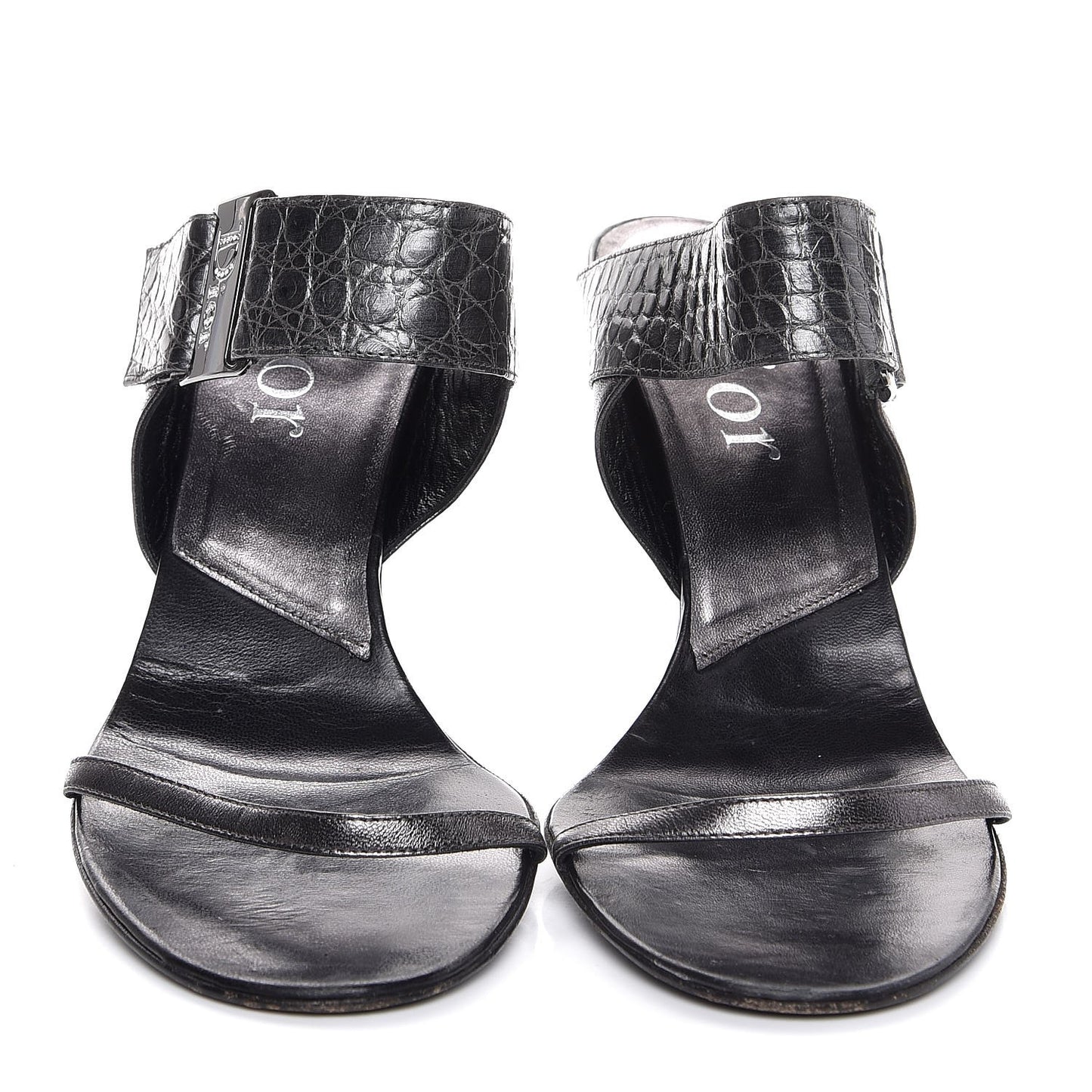 Metallic Lambskin Alligator Mule Sandals 40 Dark Silver