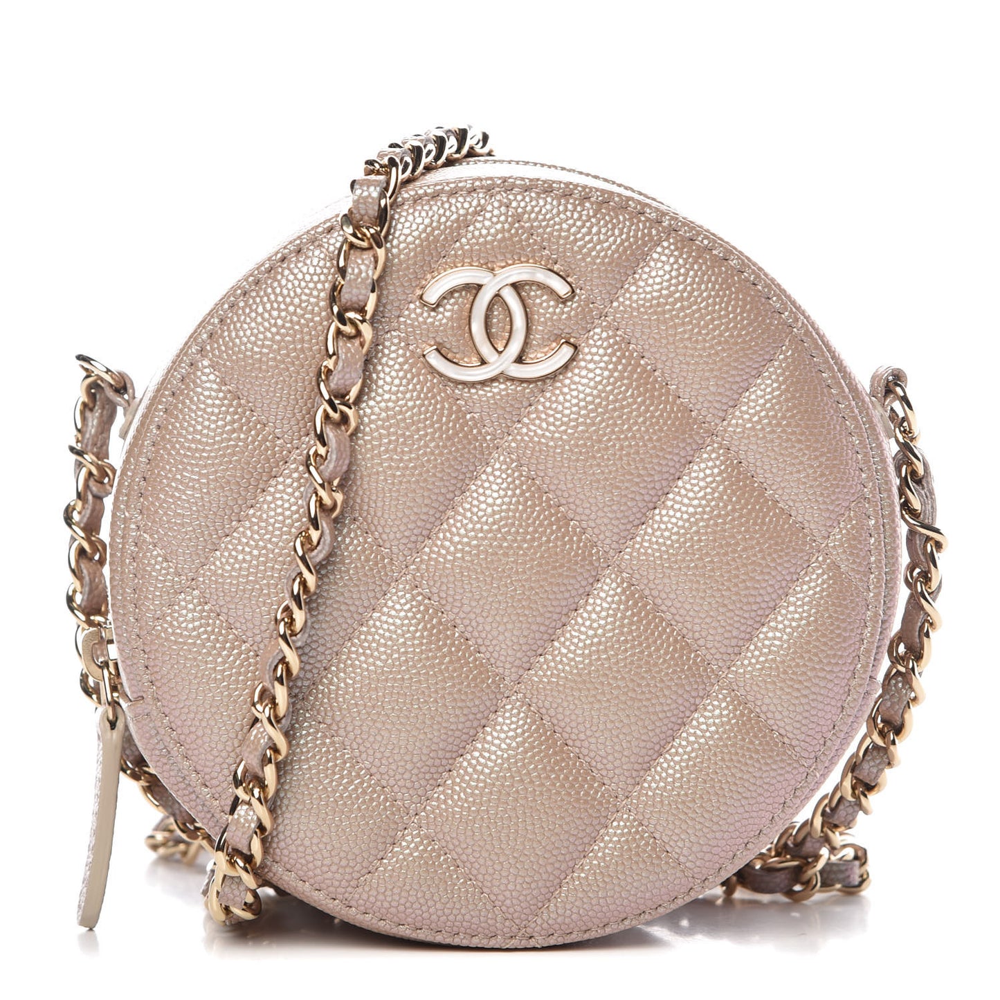 Iridescent Caviar Quilted Round Clutch With Chain Beige
