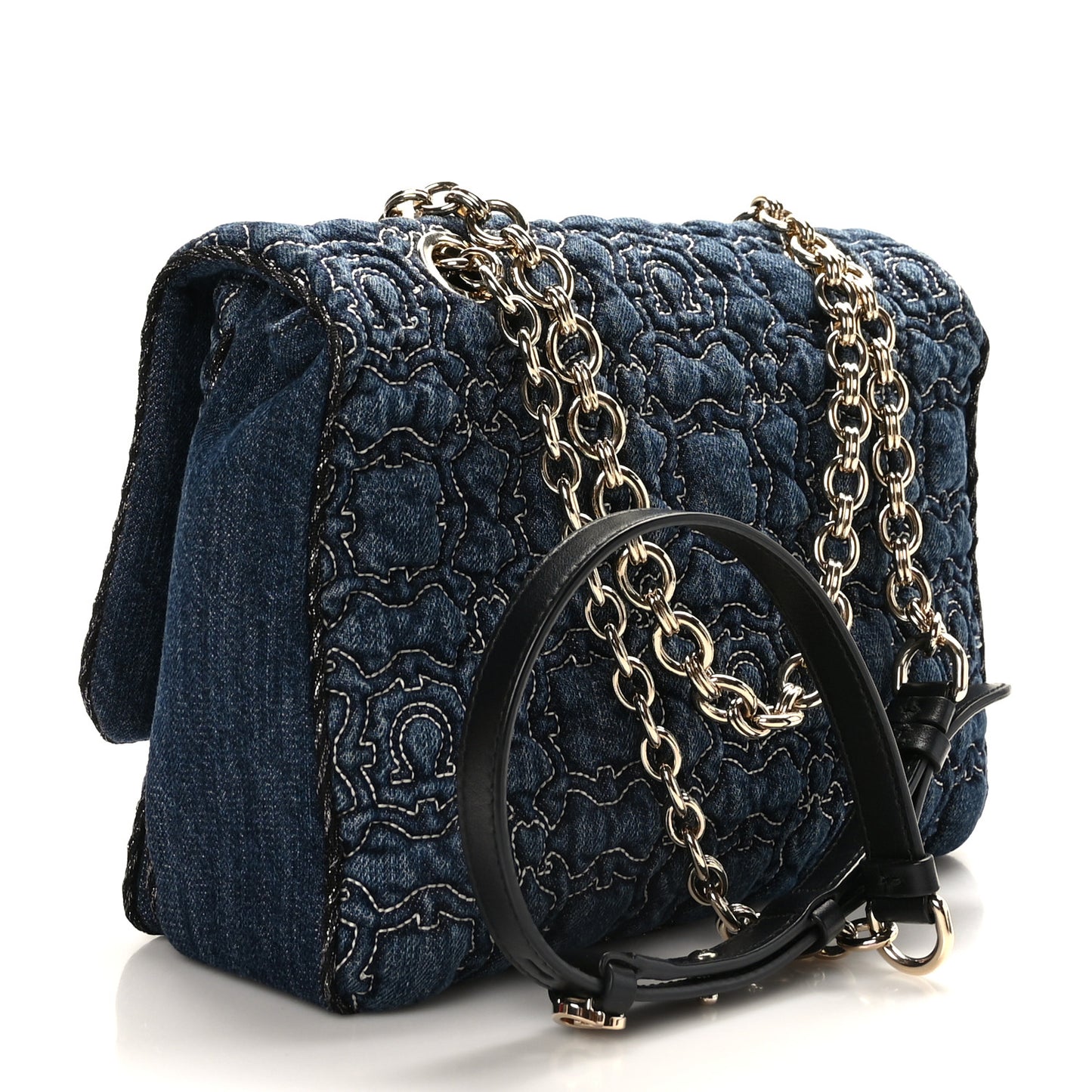 Denim Quilted Gancini Flap Bag Blue