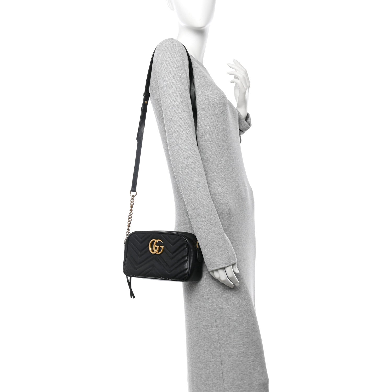 Gucci Calfskin Matelasse Small GG Marmont Chain Shoulder Bag Black 2 of 11