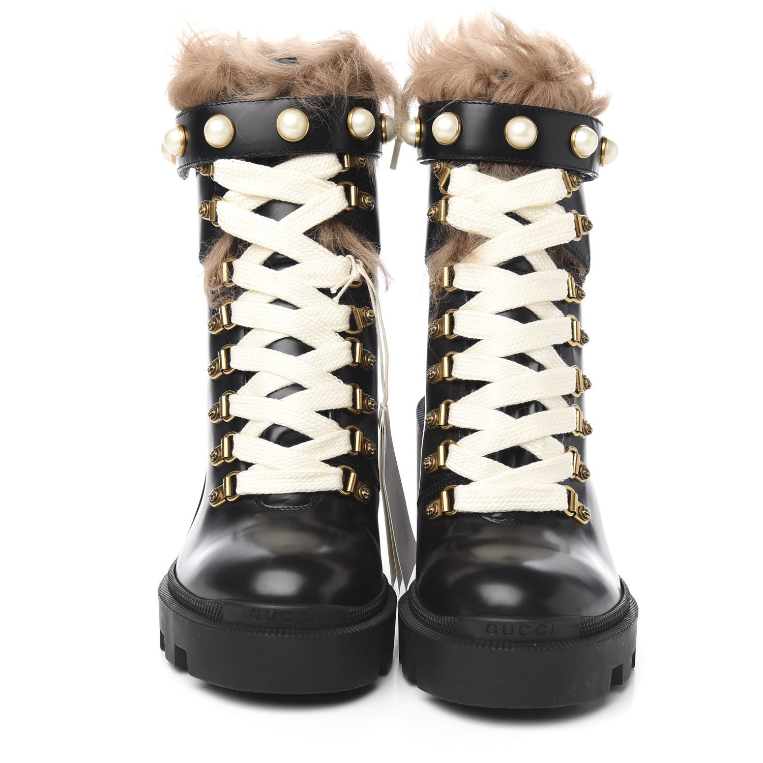 Gucci Magnum Calfskin Fur Pearl Lace Up Combat Ankle Boots 37 Black Naturale 2 of 7