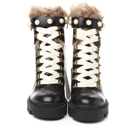 Gucci Magnum Calfskin Fur Pearl Lace Up Combat Ankle Boots 37 Black Naturale 2 of 7