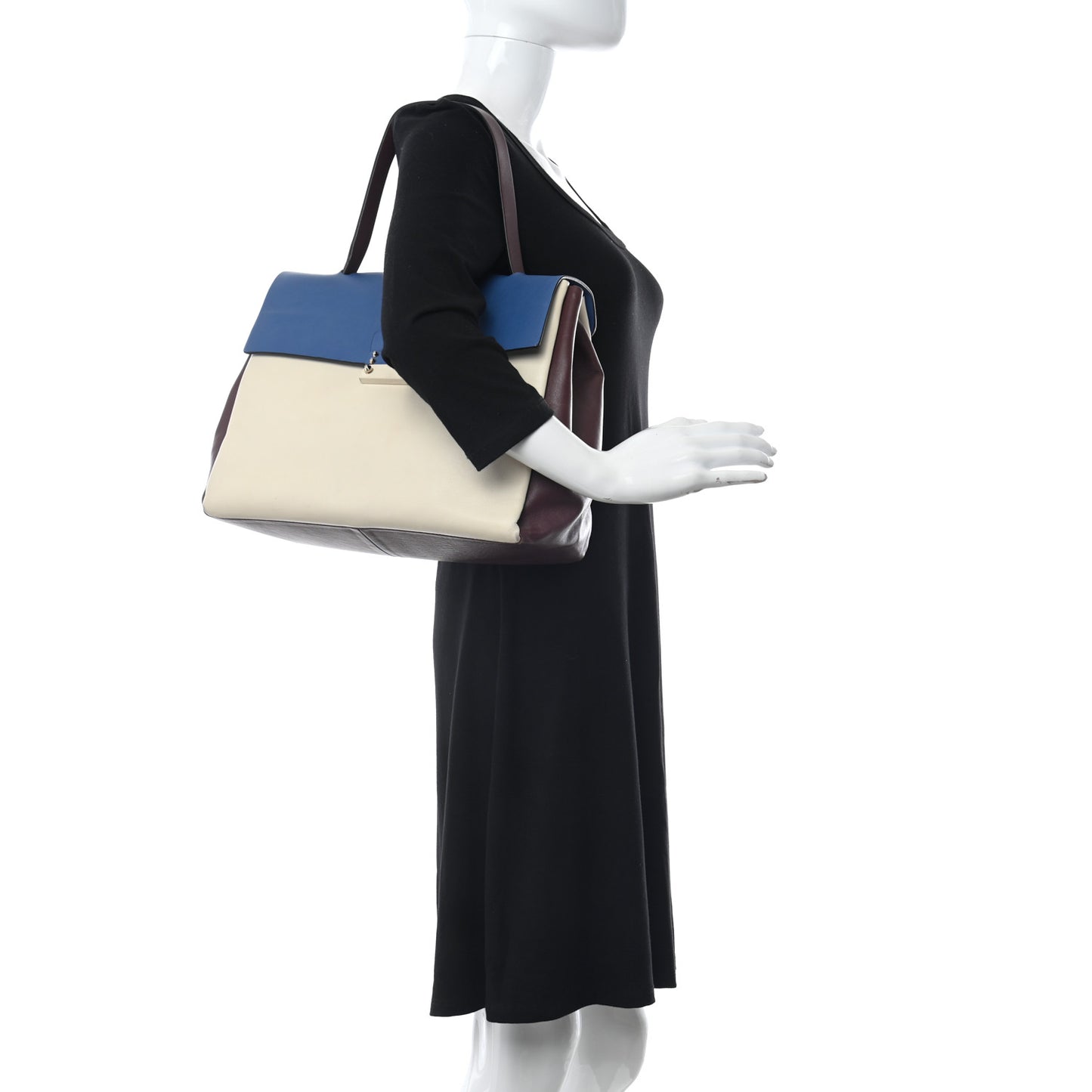 Calfskin Colorblock Single Handle Satchel Cream Blue Burgundy