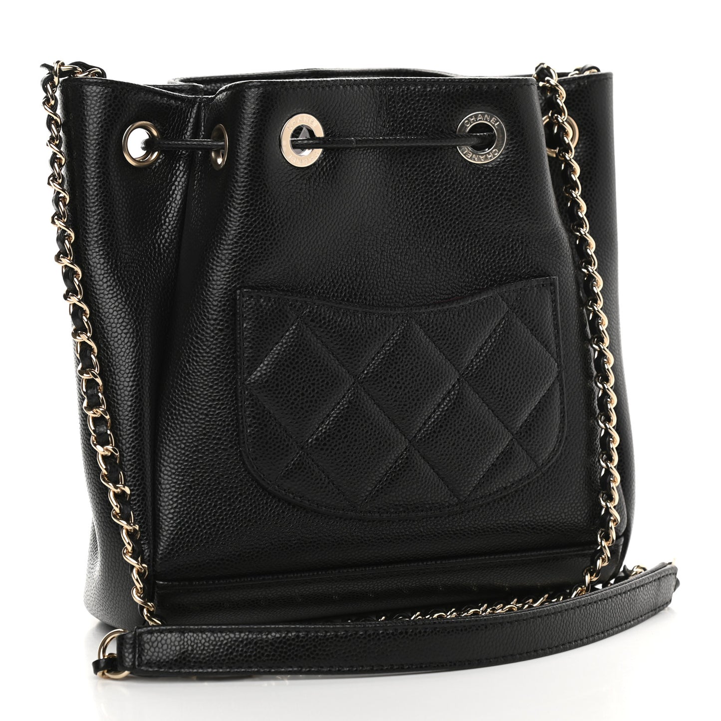 Caviar Quilted CC Pocket Bucket Bag Black