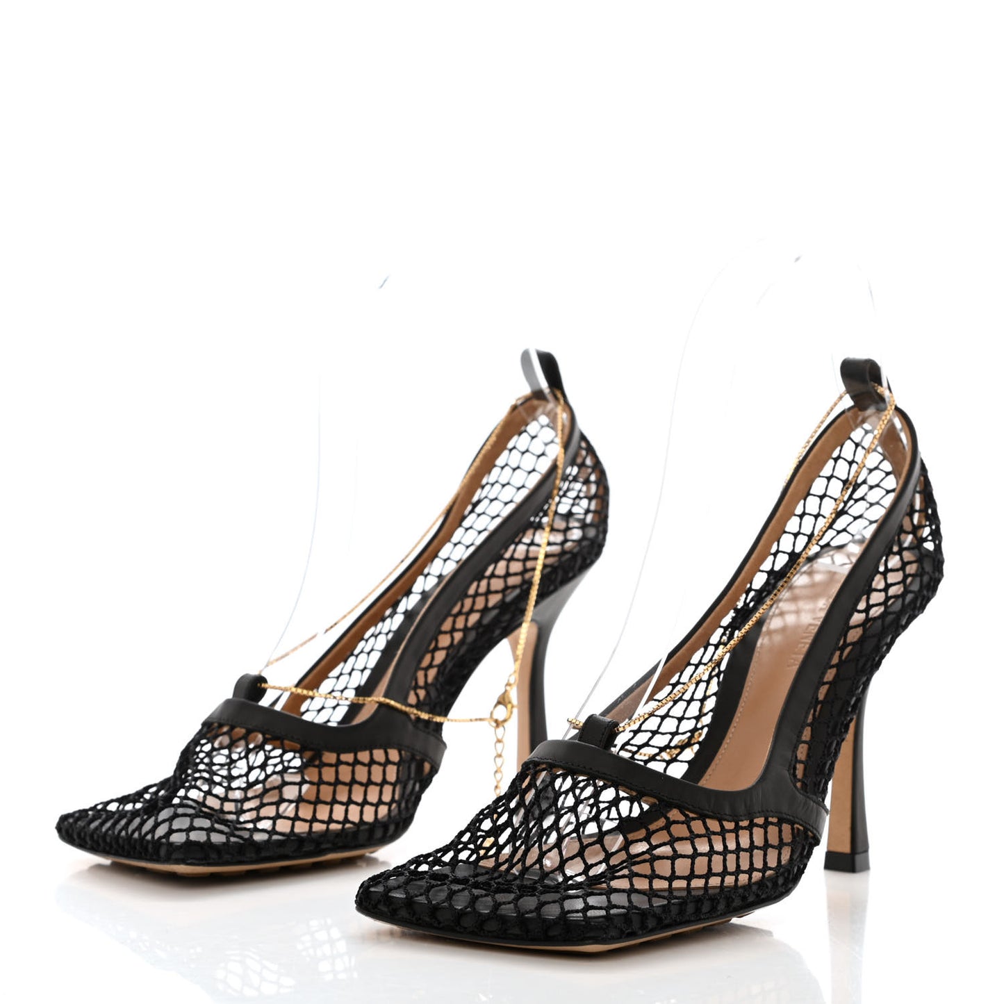 Mesh Calfskin Chain Stretch Pumps 36.5 Black