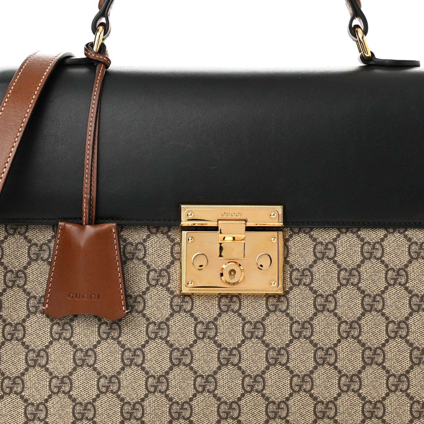 GG Supreme Monogram Calfskin Medium Padlock Top Handle Bag Beige Black Cuir